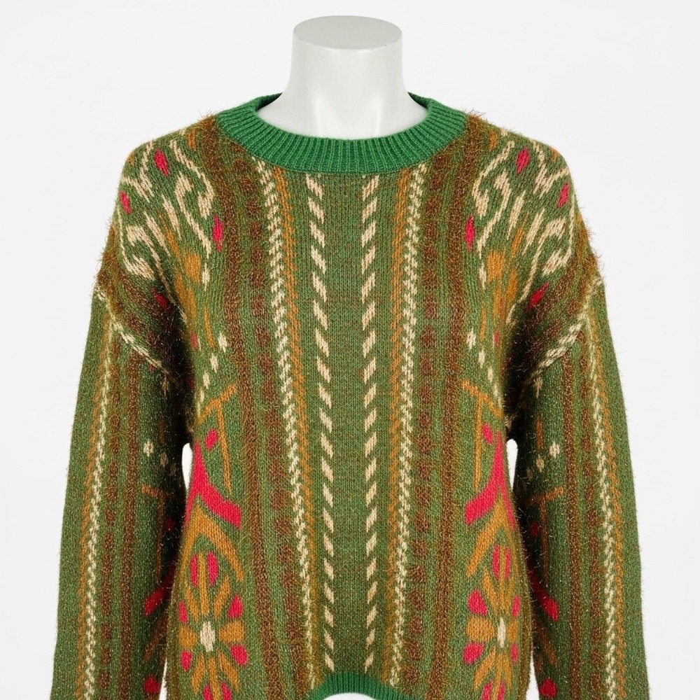 Love Riche Green Fair Isle Fuzzy Knit Sweater Metallic Gold Accents Medium NWT